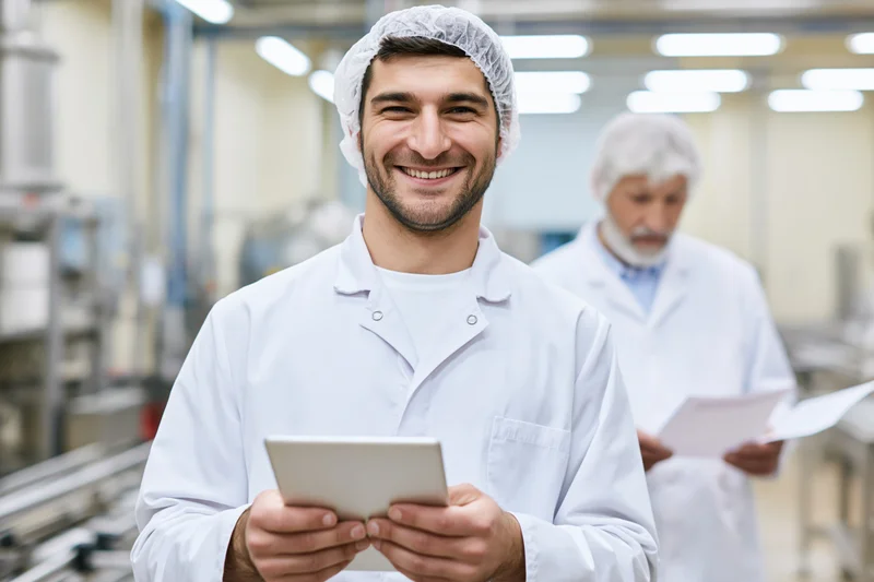 Young male food factory worker smiling while holding a tablet in a clean industrial facility