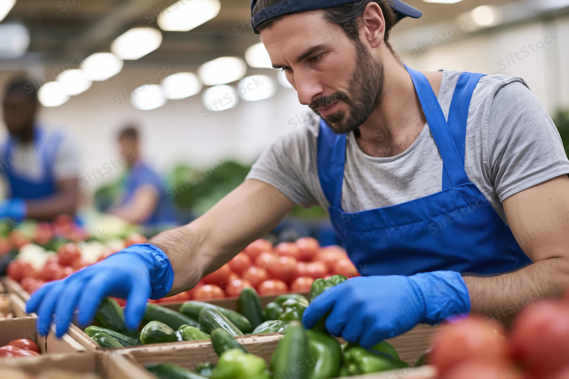 Male produce worker sorting fresh vegetables in supermarket produce section