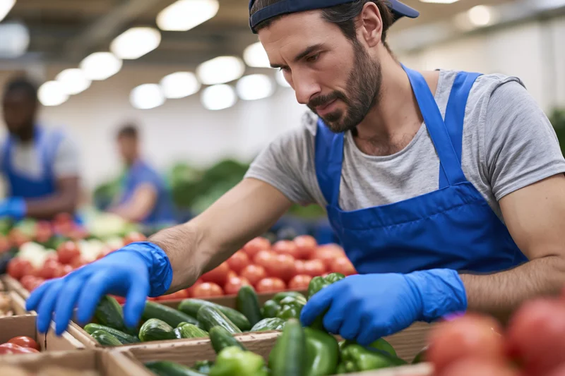 Male produce worker sorting fresh vegetables in supermarket produce section