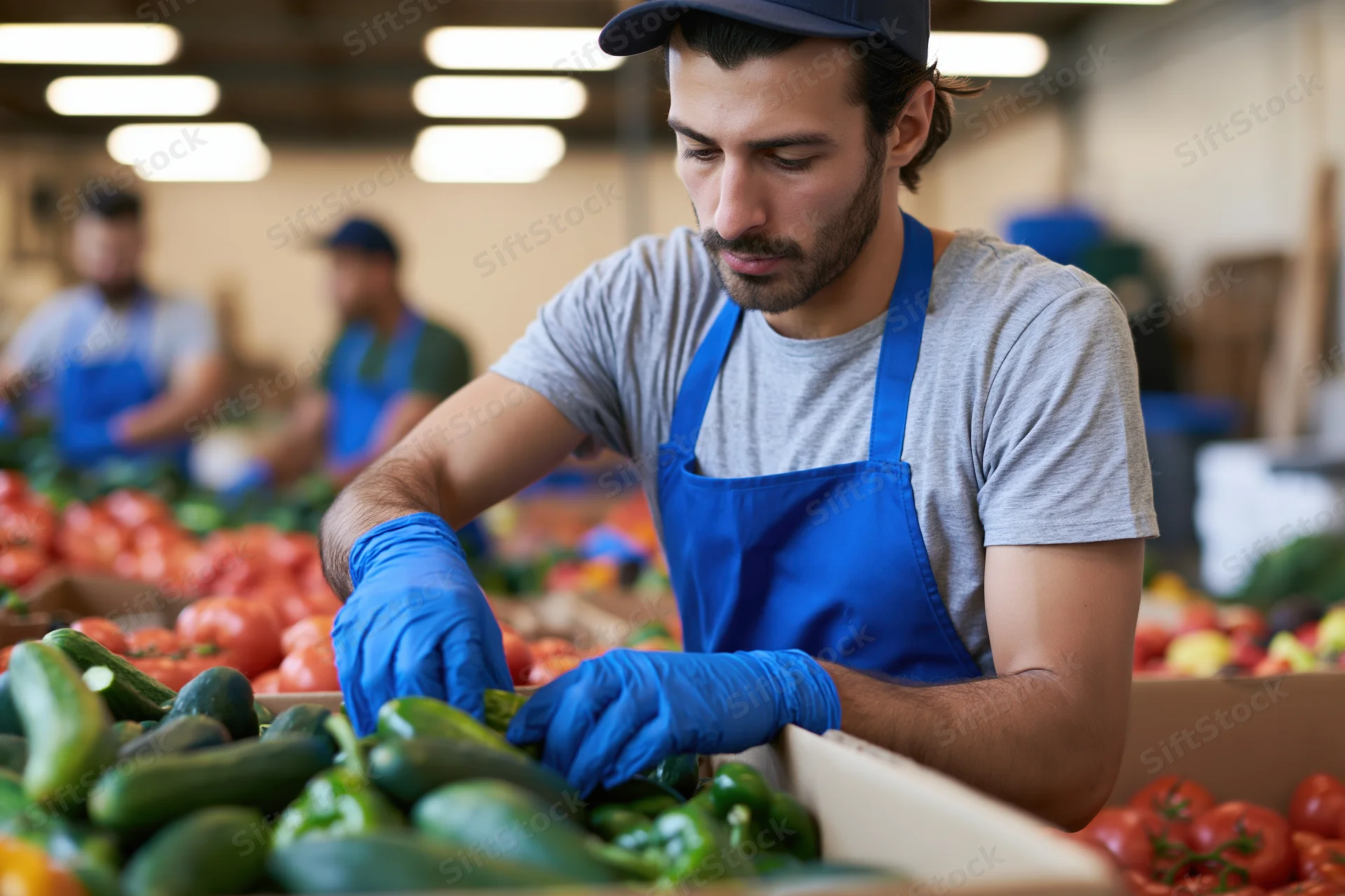 Young male worker sorting cucumbers in a produce warehouse
