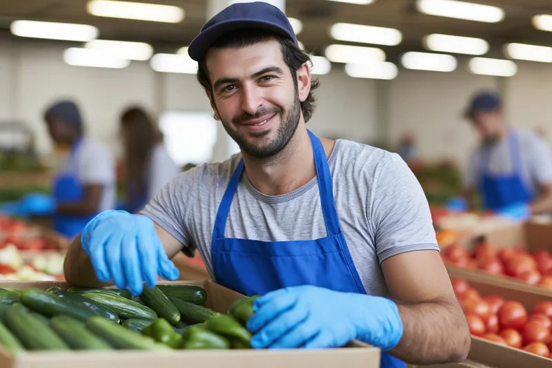 Male produce worker smiling while sorting cucumbers in a supermarket produce section