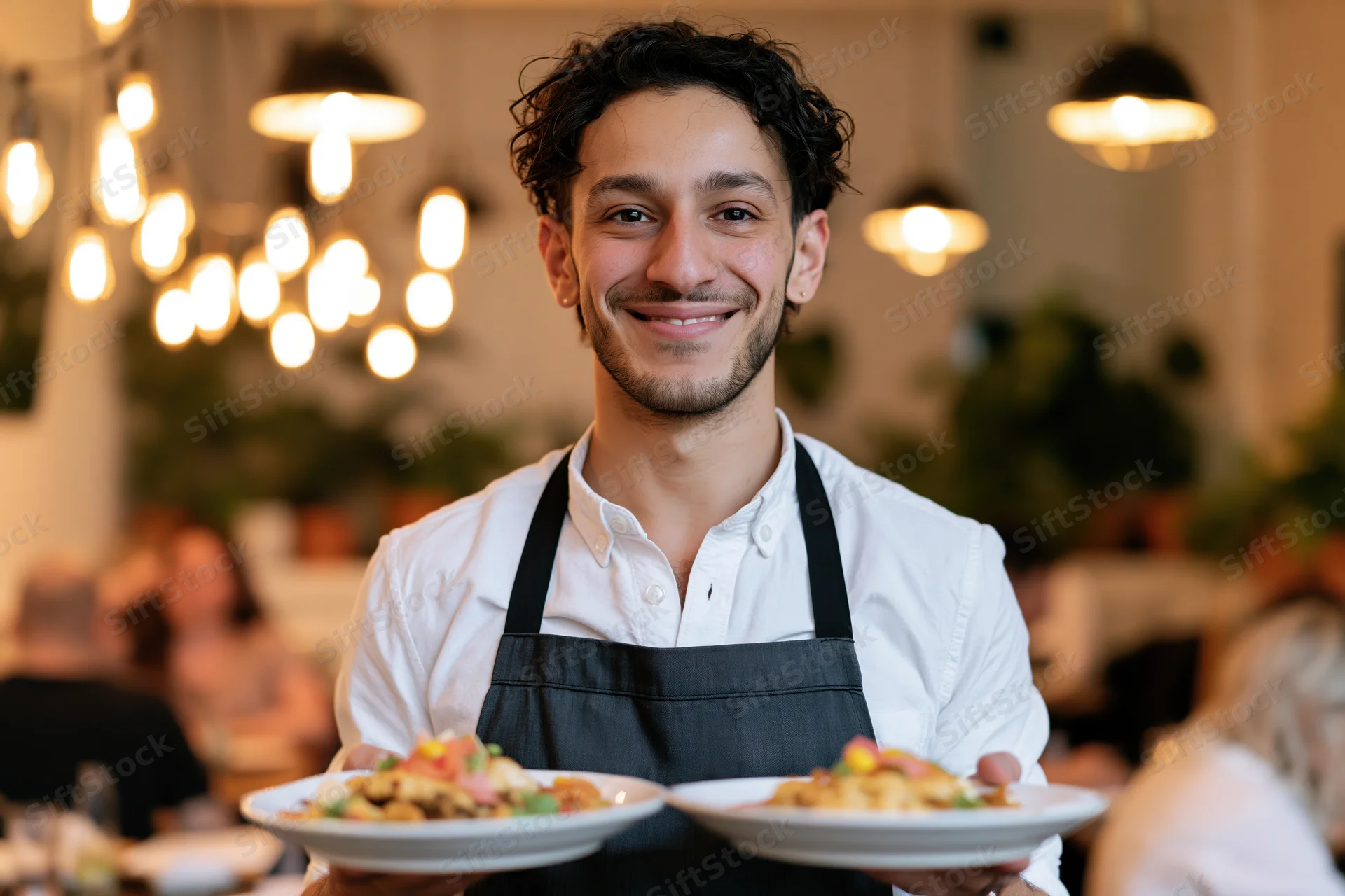Smiling male waiter holding two plates of food in a restaurant dining room
