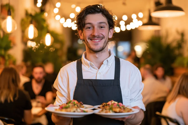 Male waiter smiling while holding two plates of food in a warmly lit restaurant dining area