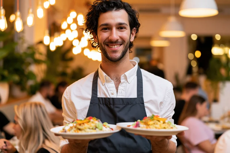 Male waiter smiling while holding two plates of pasta salad in a warmly lit restaurant dining area