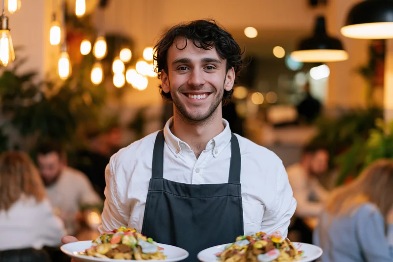 Young male waiter smiling while serving two plates of food in a warmly lit restaurant interior