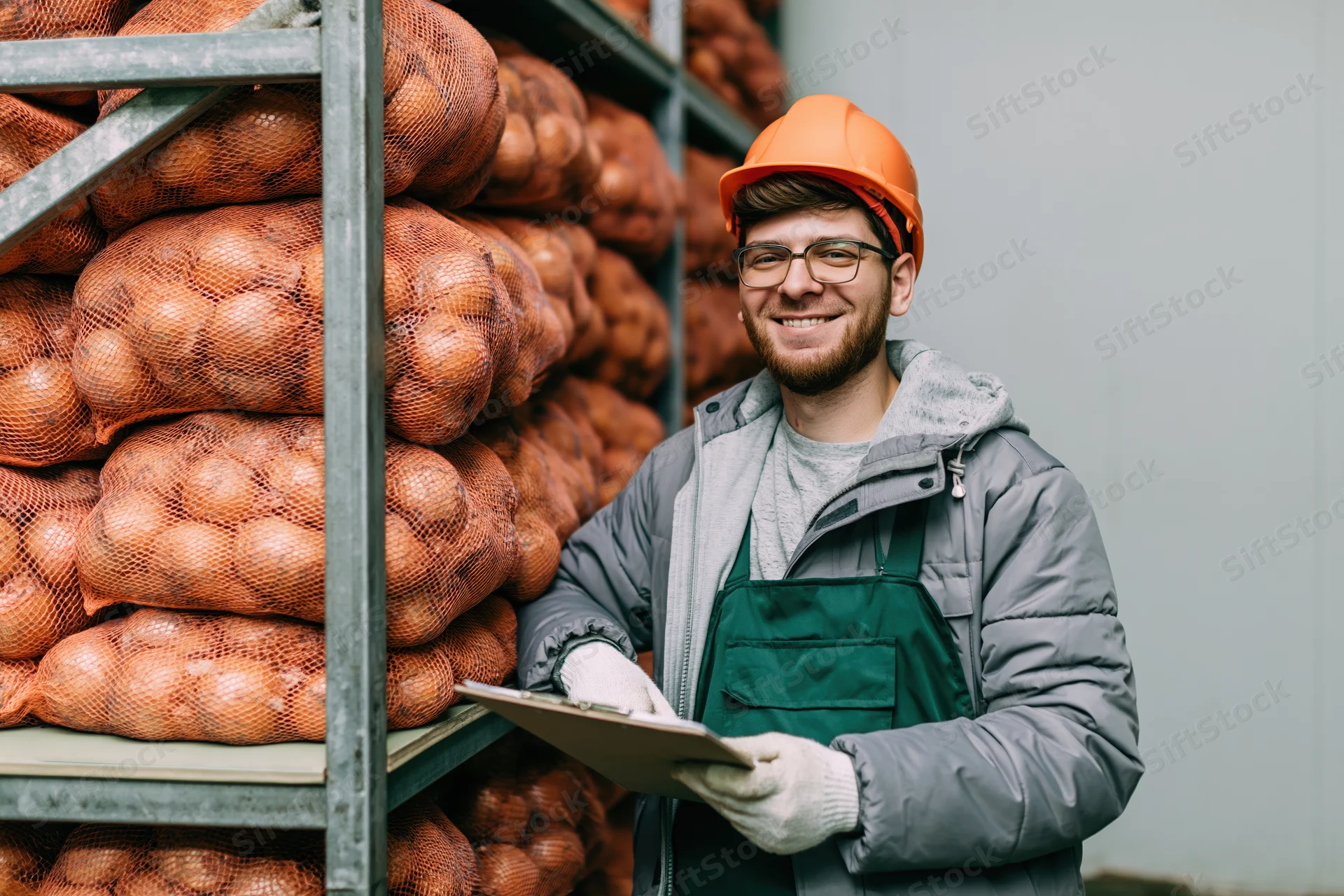 Young male warehouse worker smiling while holding clipboard beside shelves of netted onions in storage facility