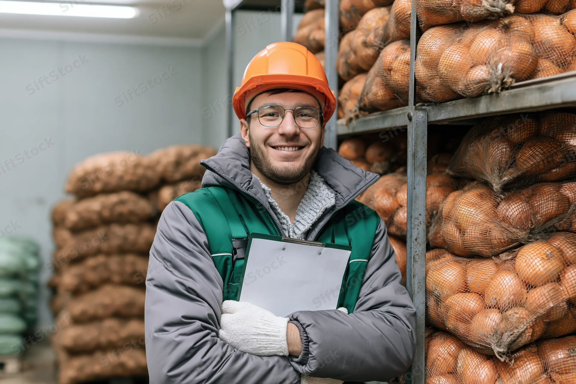Young male warehouse worker smiling while holding clipboard in produce storage area
