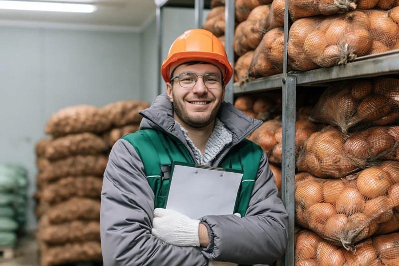 Young male warehouse worker smiling while holding clipboard in produce storage area