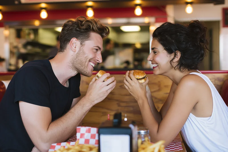 Young couple smiling at each other while eating burgers at a diner booth