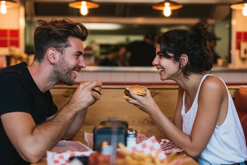 Young couple laughing while eating burgers at a diner table