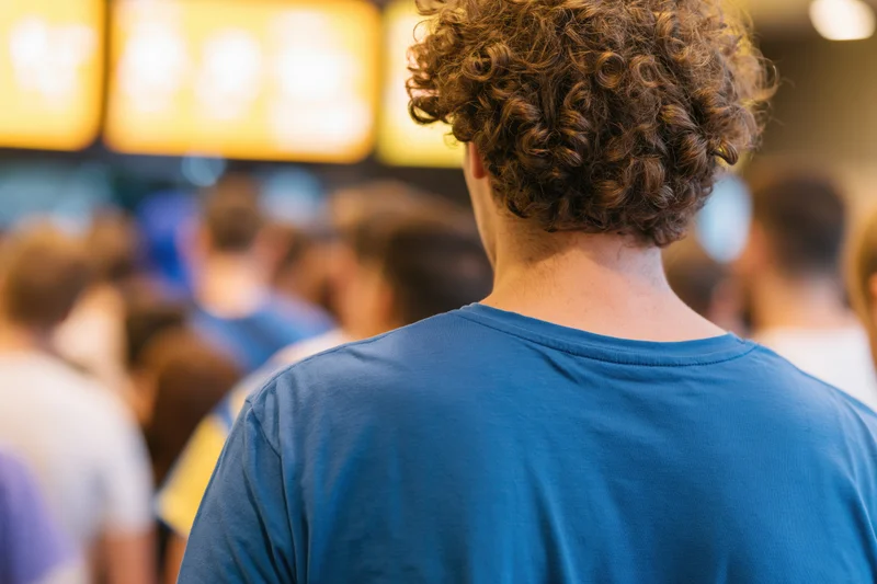 Man with curly brown hair seen from back standing in line at fast food restaurant
