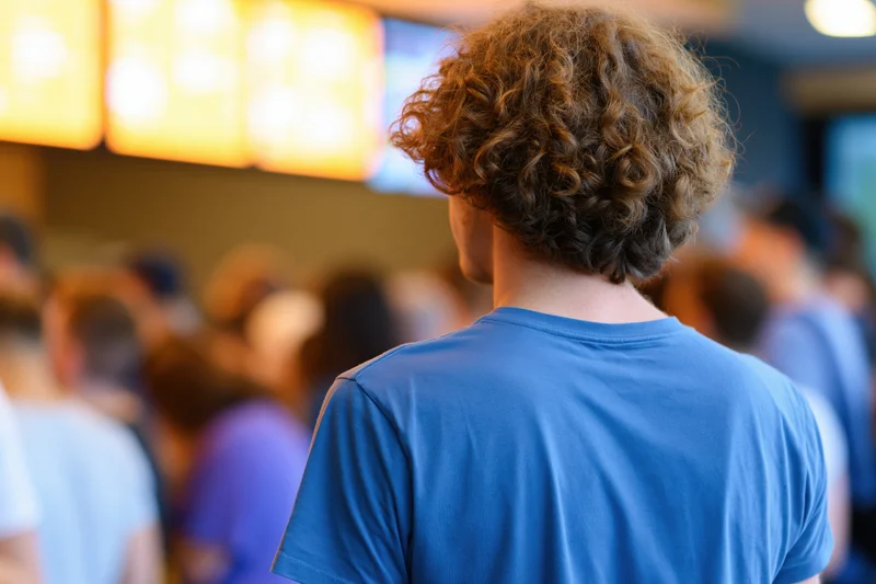 Young man with curly brown hair standing in line at a fast food restaurant, back view, wearing blue tshirt, surrounded by blurred crowd