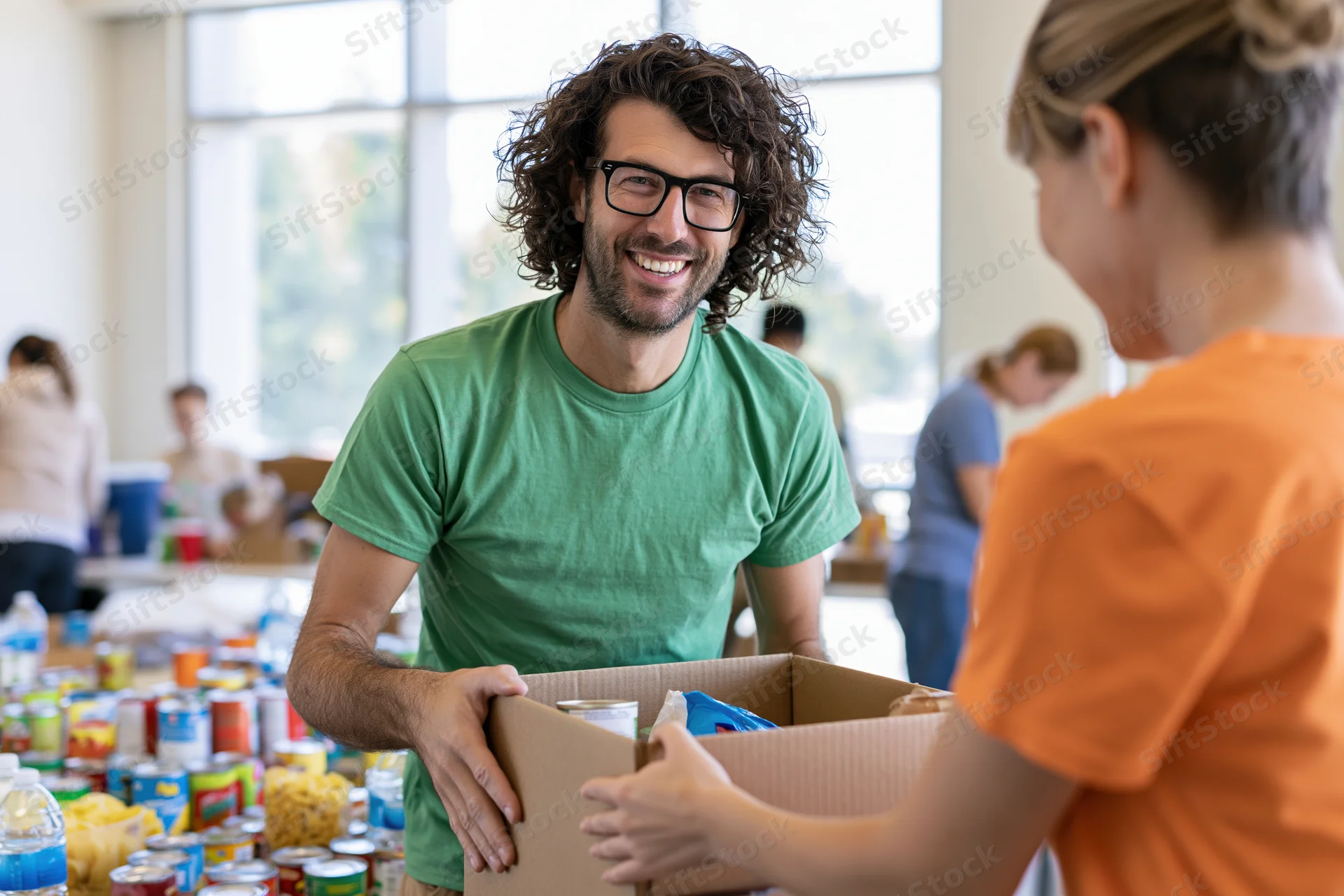 Smiling man packing a box of canned food for donation at a community event