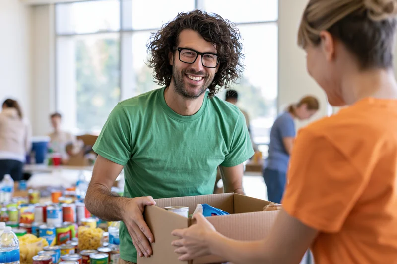 Smiling man packing a box of canned food for donation at a community event