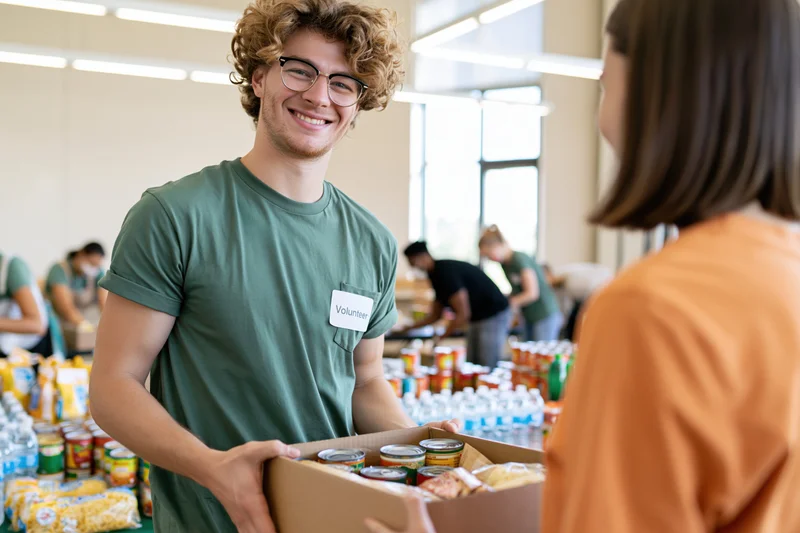 Young man in green tshirt holding box of canned food and bottled water while smiling at another volunteer in a food bank warehouse