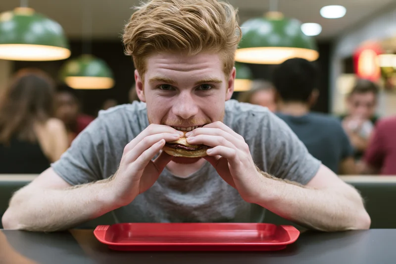 Young man biting into a burger at a diner table