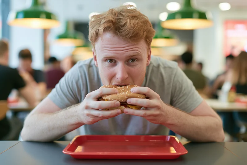 Young man biting into a burger at a diner table with red tray in front