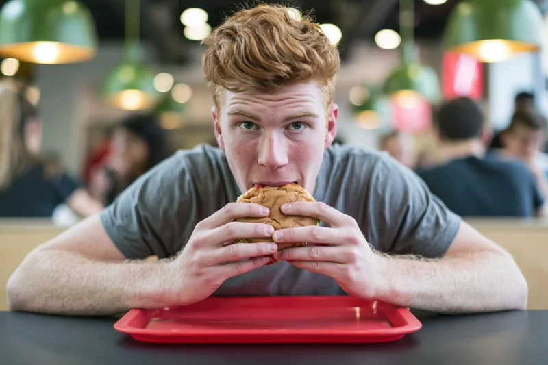 Young man biting into a burger at a diner table