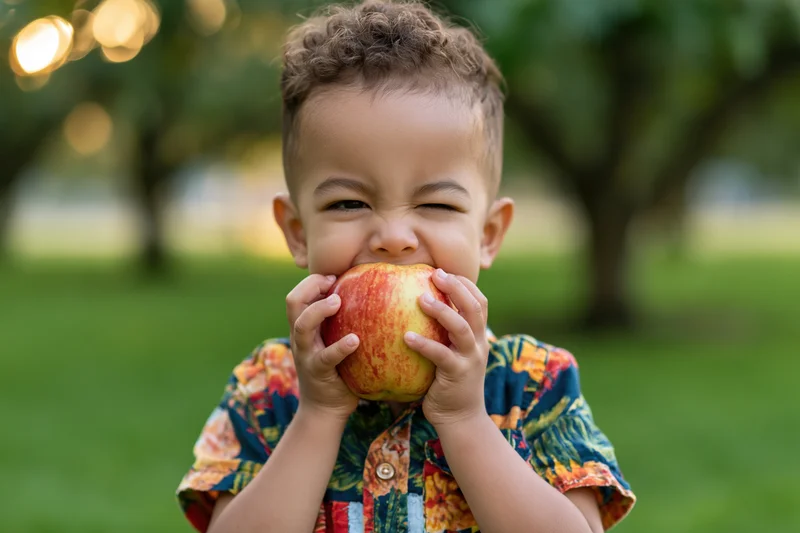 Toddler boy biting into a red apple in a green garden