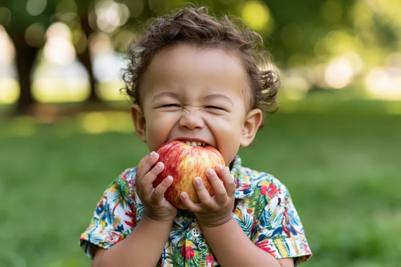 Toddler boy biting into a red apple in a grassy park during daytime