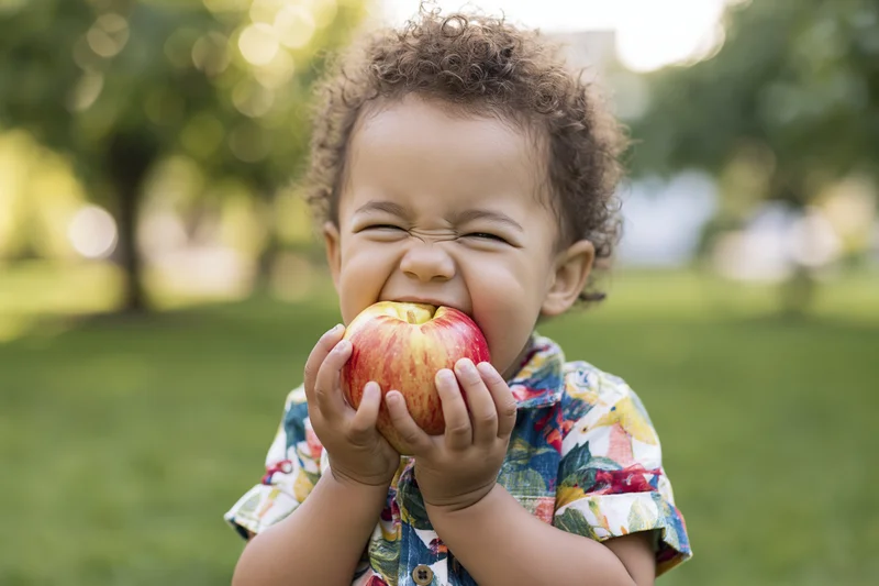 Toddler boy biting into a red apple in a grassy park setting
