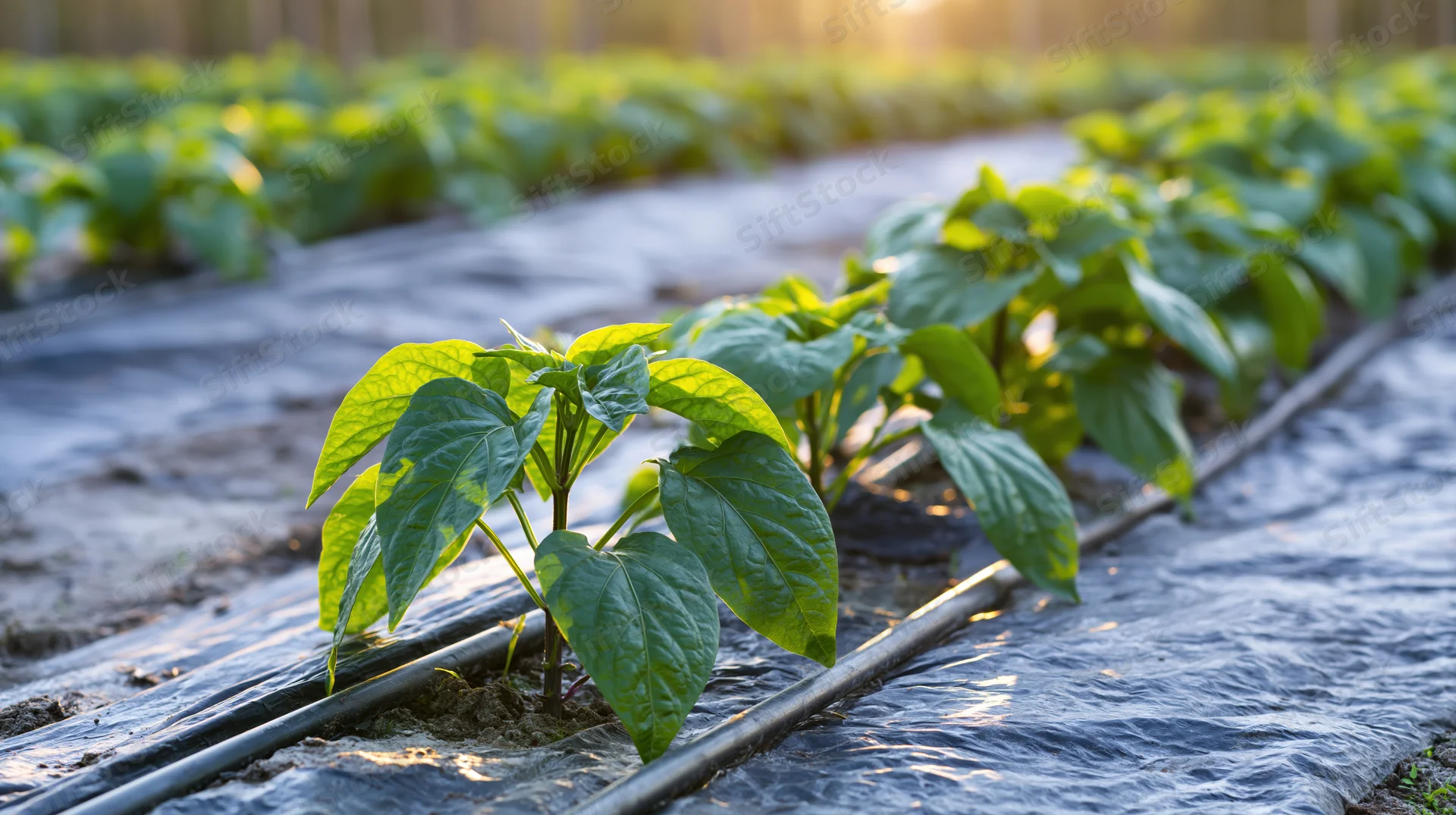 Young pepper seedlings growing in rows through black plastic mulch with drip irrigation in a field