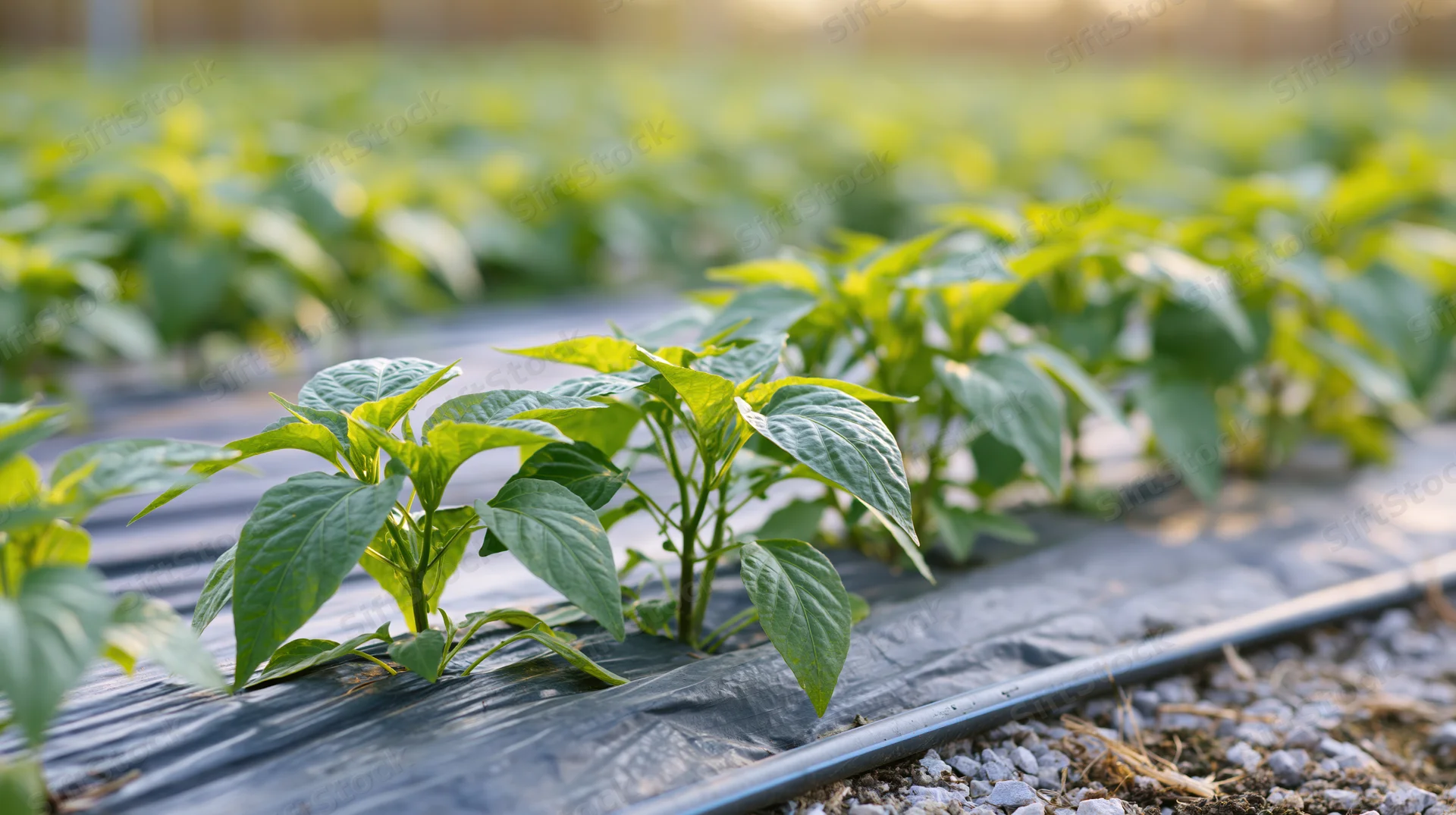 Young pepper seedlings growing in rows through black plastic mulch in a greenhouse field