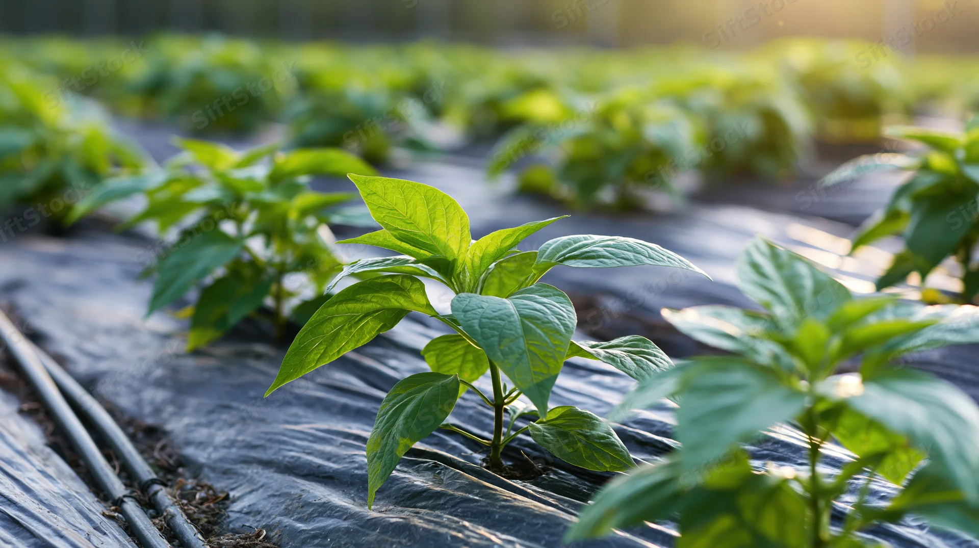 Young pepper seedlings growing in rows through black plastic mulch in a field