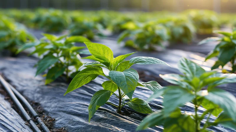Young pepper seedlings growing in rows through black plastic mulch in a field