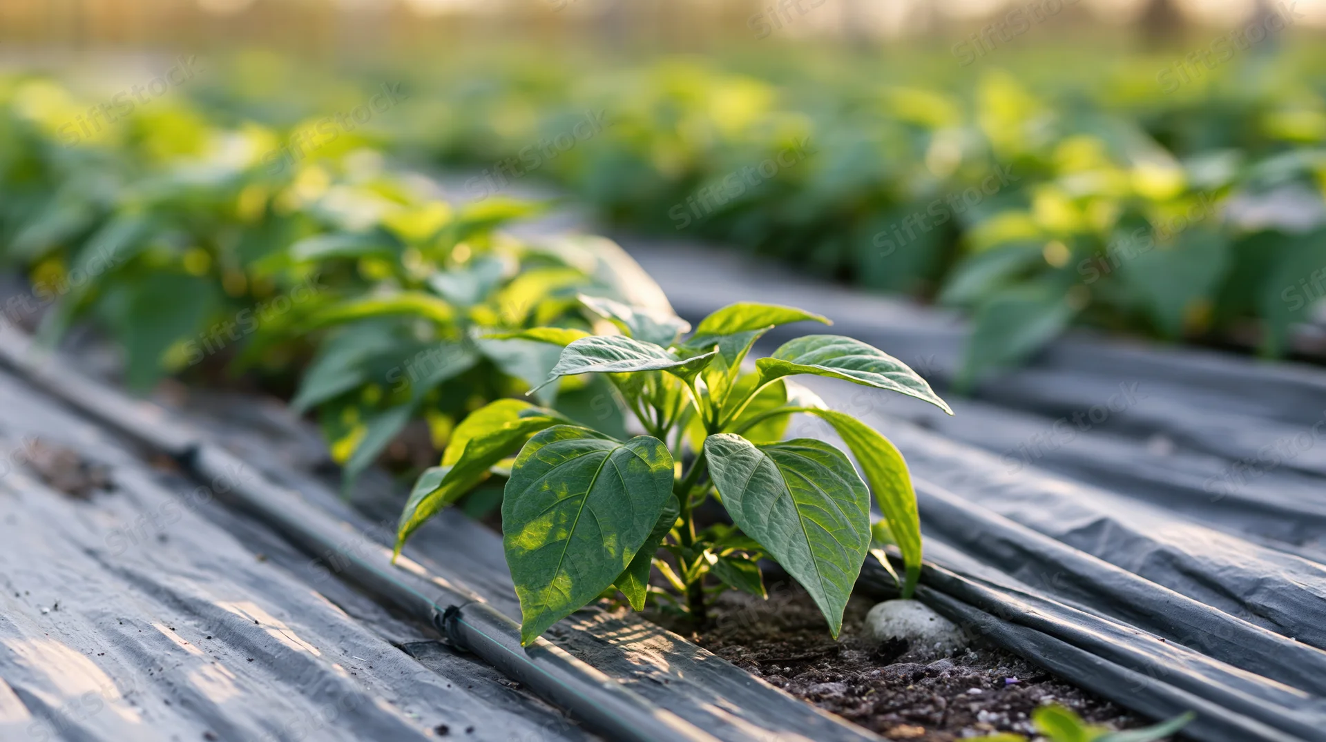 Young pepper seedlings growing in rows through black plastic mulch in a farm field