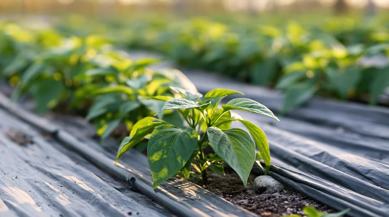 Young pepper seedlings growing in rows through black plastic mulch in a farm field