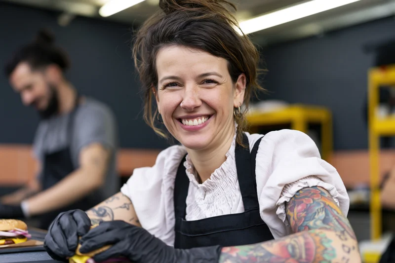 Woman in apron and gloves smiling while preparing food in a kitchen
