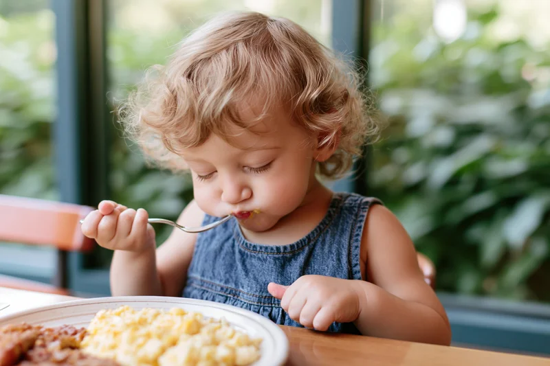Toddler eating meal with fork at restaurant table near window