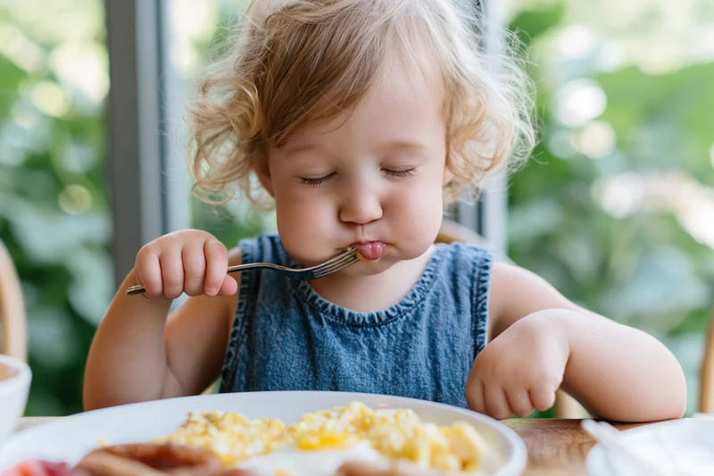 Toddler eating breakfast with fork at dining table near window