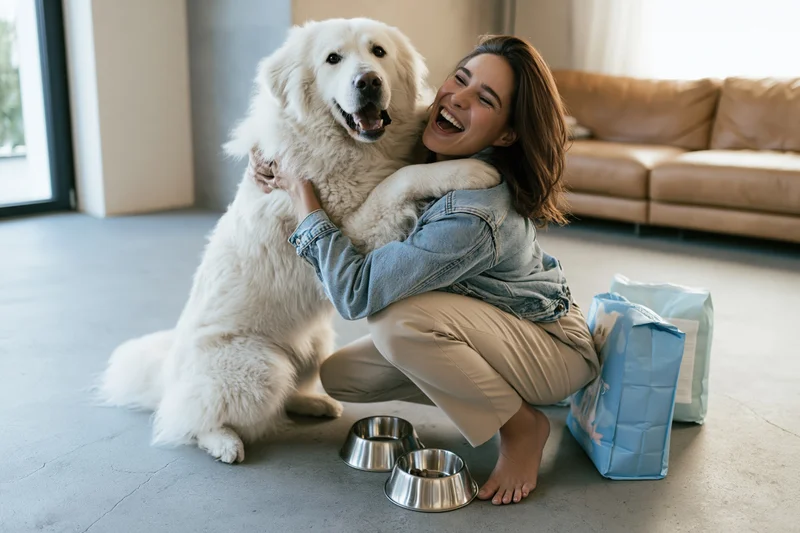 Woman crouching on concrete floor laughing while hugging a large golden retriever dog beside pet bowls and food bags