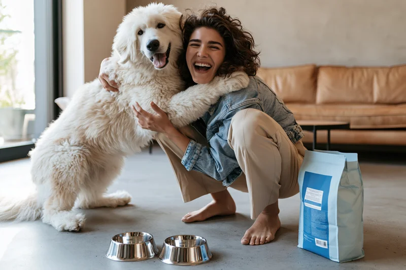 Woman crouching on concrete floor laughing while hugging a large white fluffy dog in a home interior