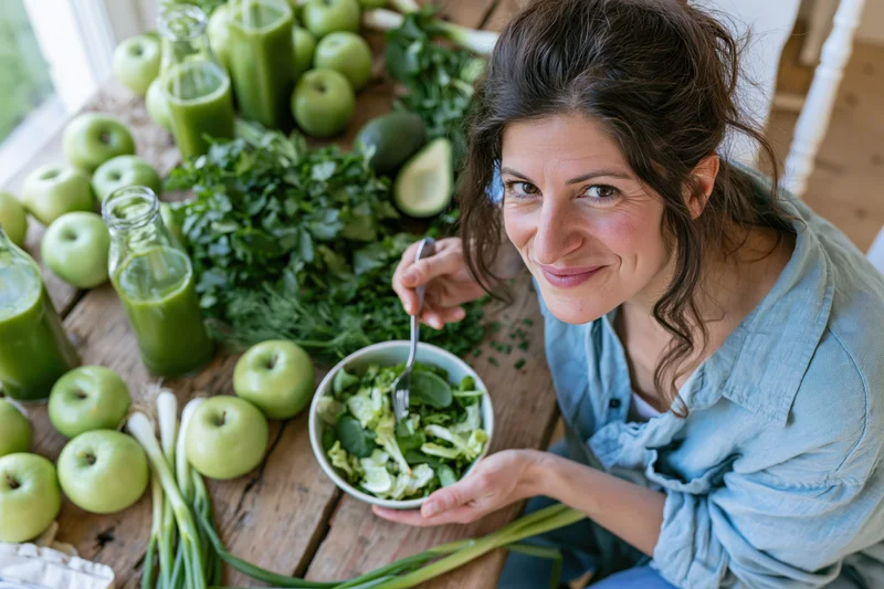 Woman eating a green salad from a bowl at a wooden table surrounded by fresh vegetables and juice