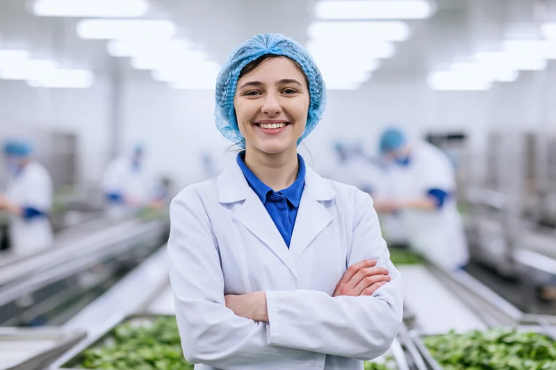 Woman in labcoat and hairnet standing with arms crossed in food factory production line