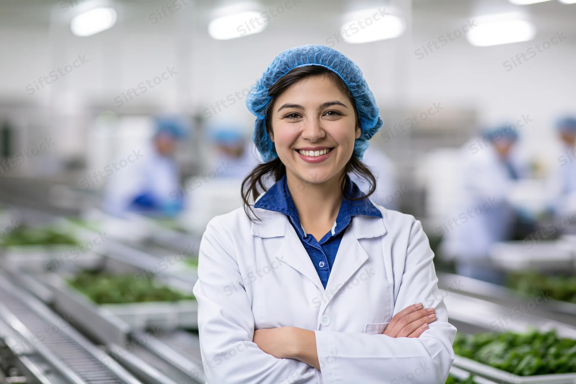 Woman in labcoat and hairnet standing with arms crossed in food factory production line