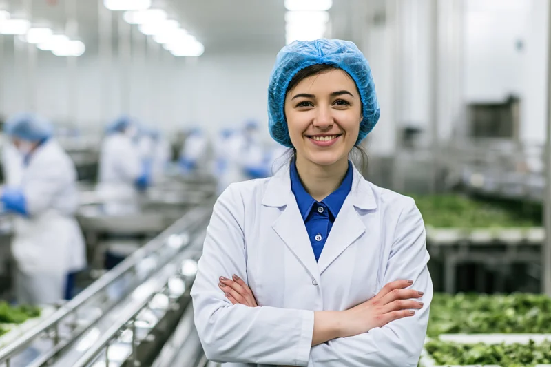 Woman in labcoat and hairnet standing with arms crossed in food factory production area