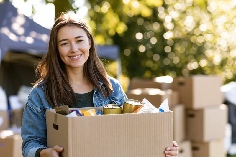 Woman holding a cardboard box filled with canned food outdoors at a charity event