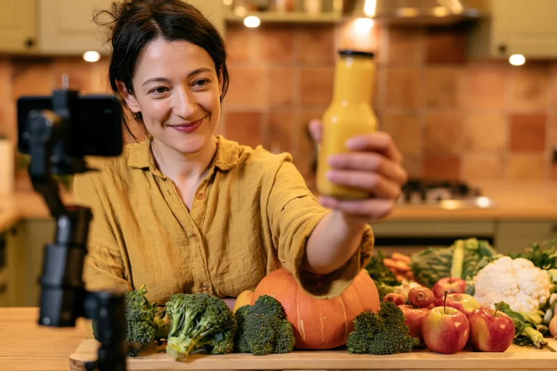Woman holding a bottle of juice toward a camera in a kitchen with vegetables on the counter