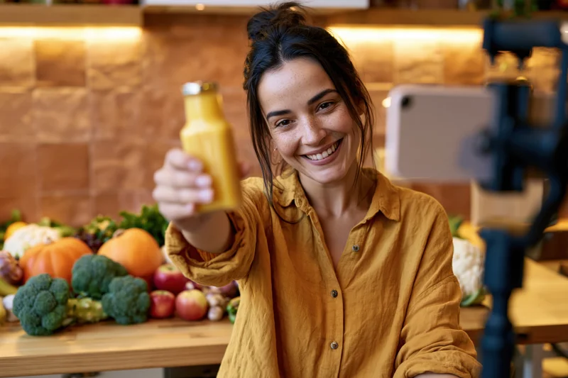 Woman holding a bottle of orange juice toward a smartphone camera in a kitchen with vegetables on the counter