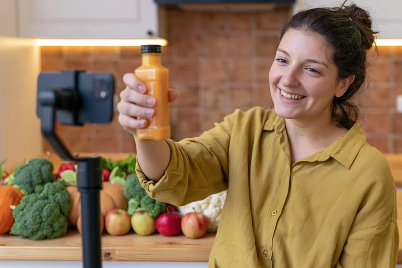 Woman holding a bottle of orange juice toward a smartphone on a tripod in a kitchen with vegetables on the counter