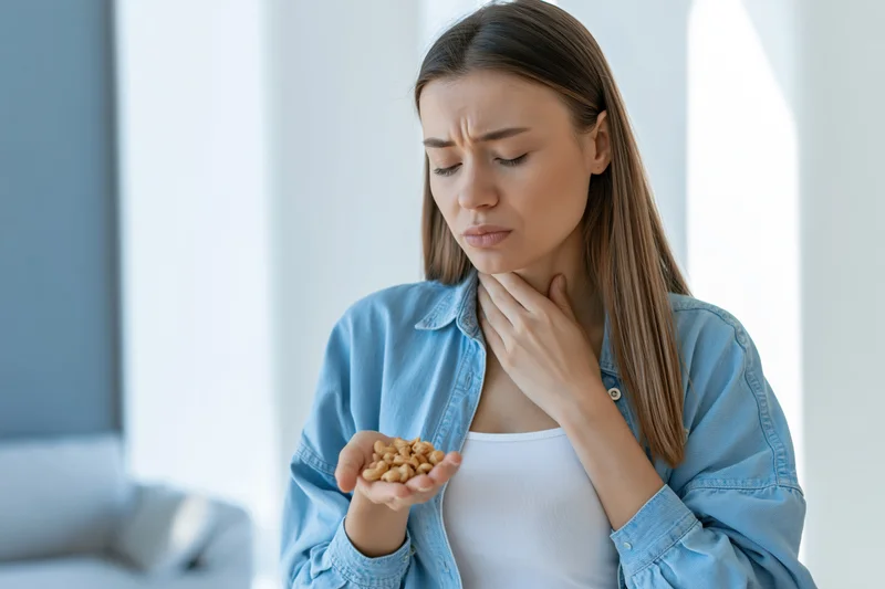 Young woman holding cashews and touching her throat in discomfort indoors