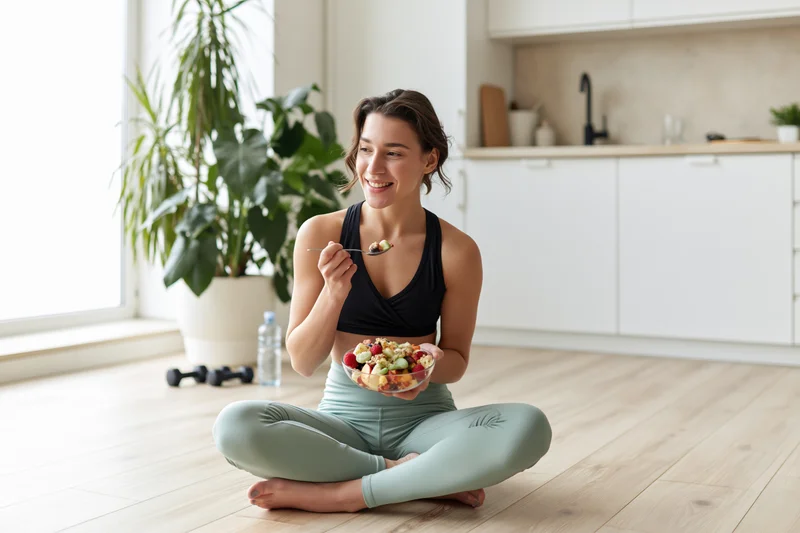 Woman sitting on floor eating fruit salad in kitchen after workout
