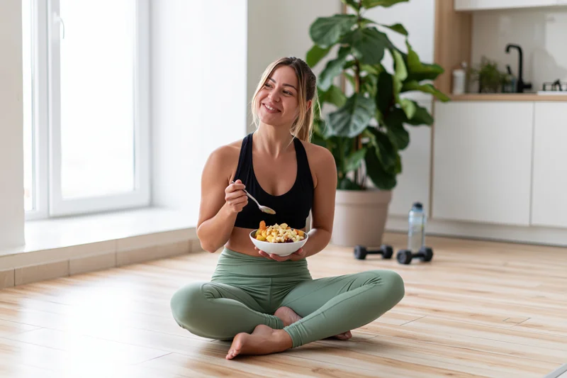Woman sitting on wooden floor in kitchen eating breakfast from bowl while smiling