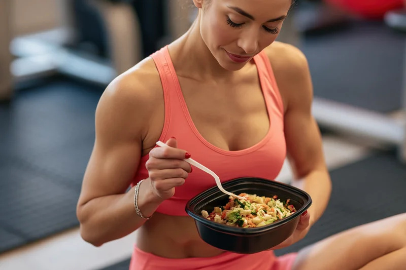 Woman eating meal prep salad from black container while sitting in gym