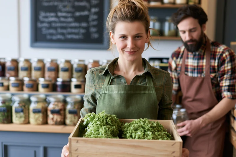 Woman holding wooden crate of fresh lettuce in grocery store