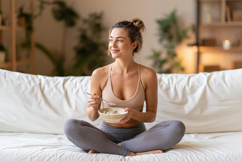 Woman sitting cross-legged on bed eating oatmeal from a bowl in a cozy bedroom